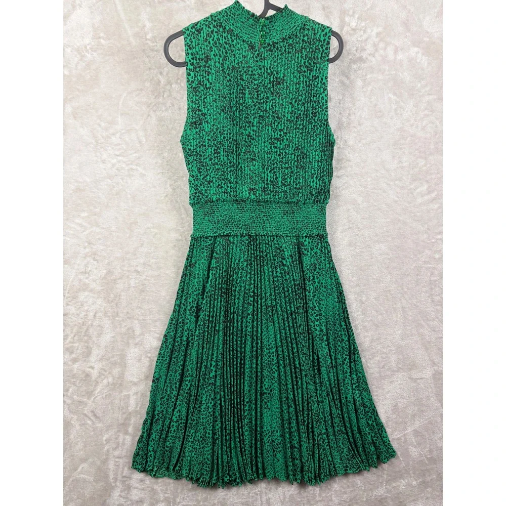 Nanette Lepore Green Leopard Print Pleated Mock Neck Smocked Midi Dress Size 12 - Picture 2 of 14